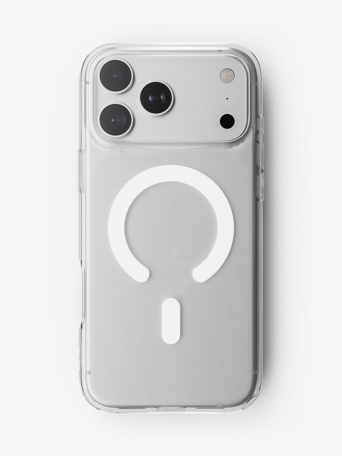 A clear protective BodyGuardz Accent phone case with a white MagSafe-compatible circular ring design printed on the back, shown on a light gray background.