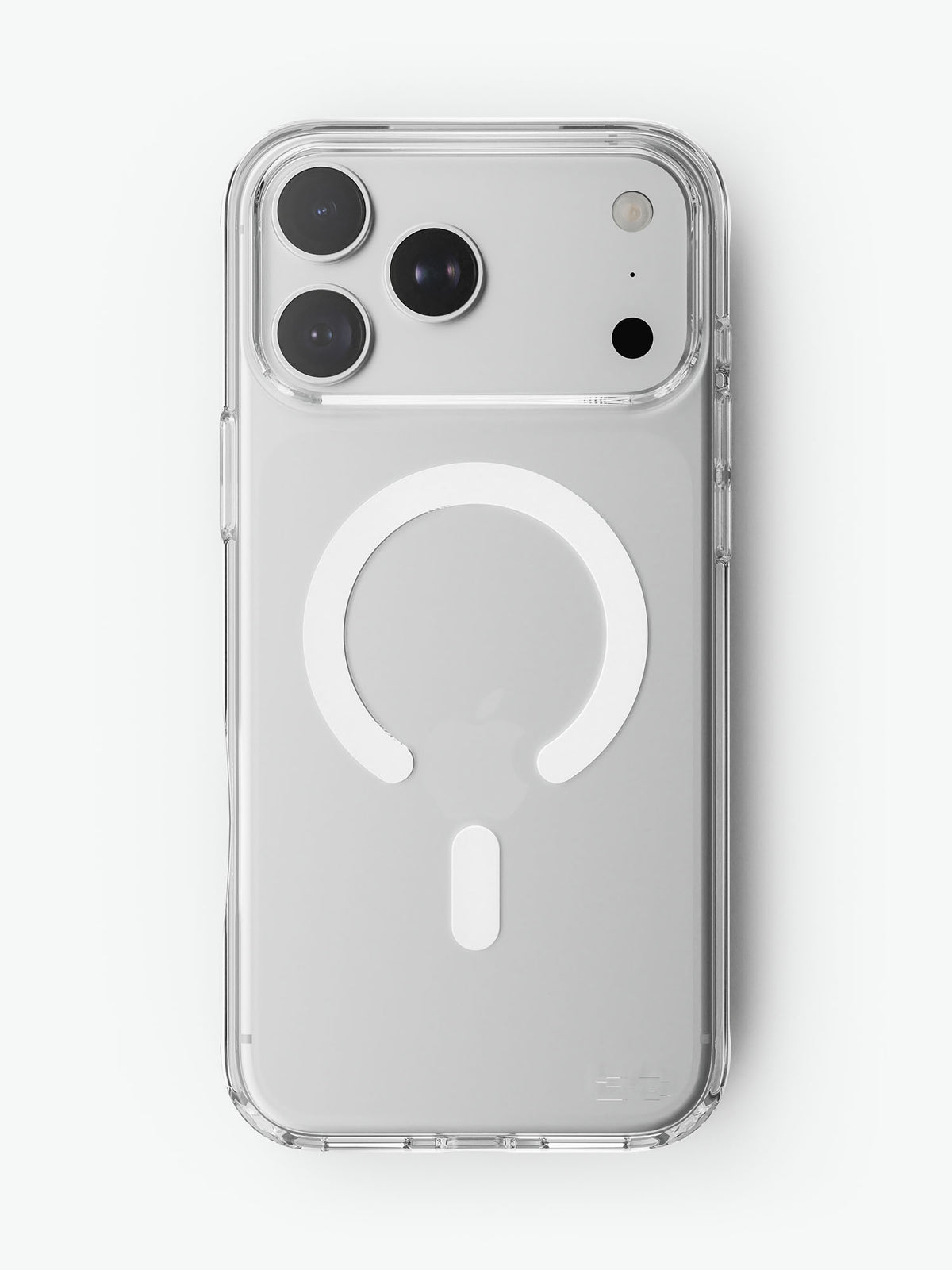 A clear BodyGuardz Carve MagSafe-compatible phone case with a white magnetic ring and vertical alignment tab, shown on a light gray background.
