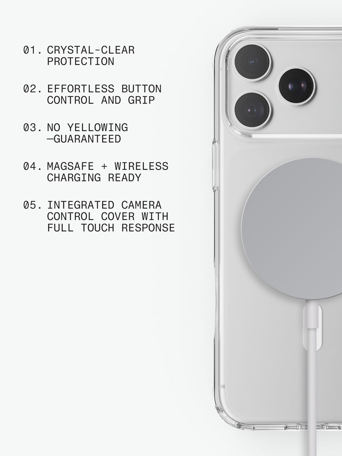 A clear BodyGuardz Carve phone case shown on the back of a white smartphone, with a gray MagSafe ring attached. Black text on the left lists product features in German, such as crystal-clear protection, button control, no yellowing, MagSafe compatibility, and integrated camera control.