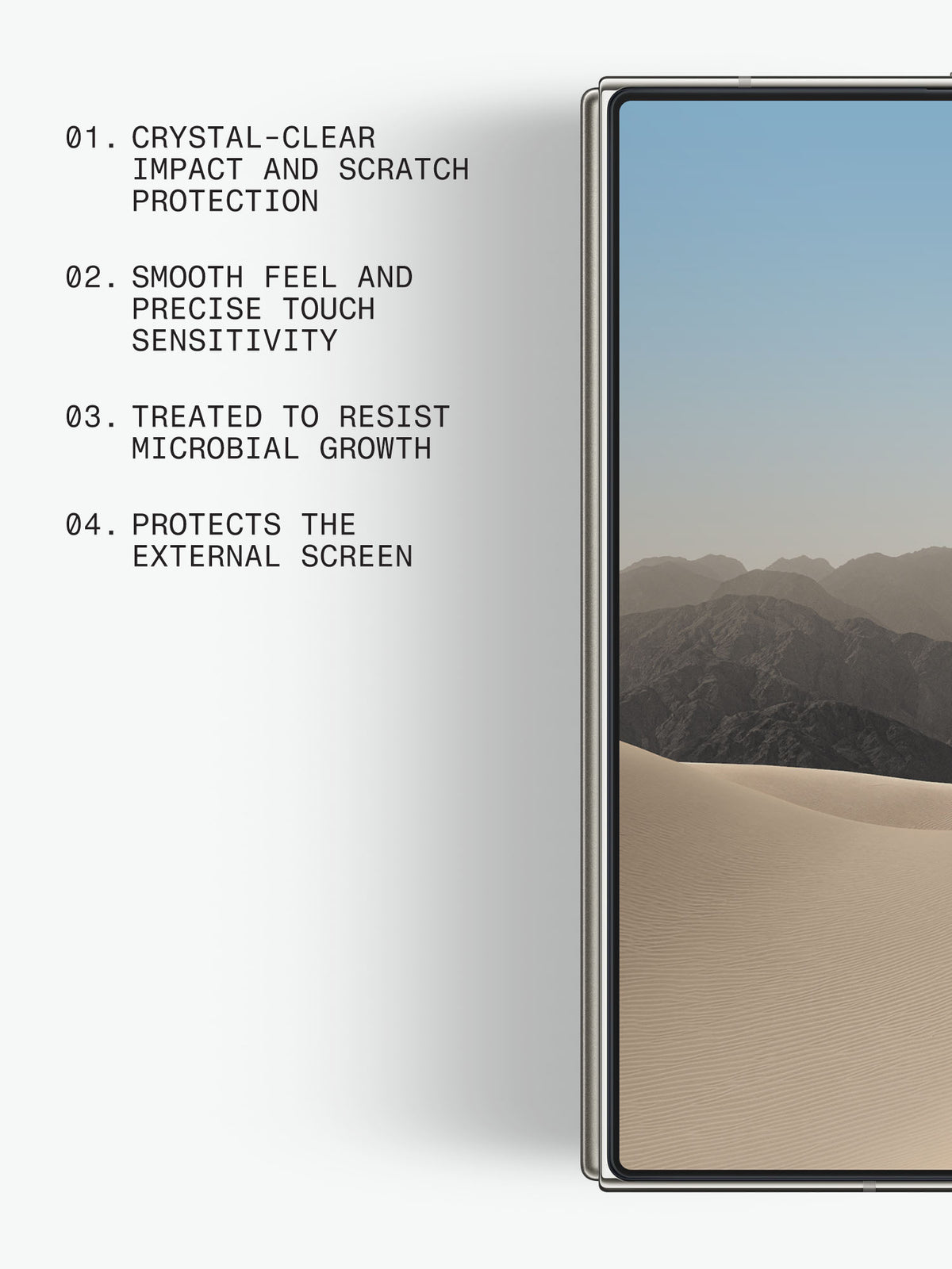 A close-up of a smartphone and a BodyGuardz Clear Tempered Glass Screen Protector showing a scenic wallpaper, with four bullet points of text on the left describing product benefits: no forever chemicals (PFAS), crystal-clear impact and scratch protection, treated to resist microbial growth, and protects the external screen.