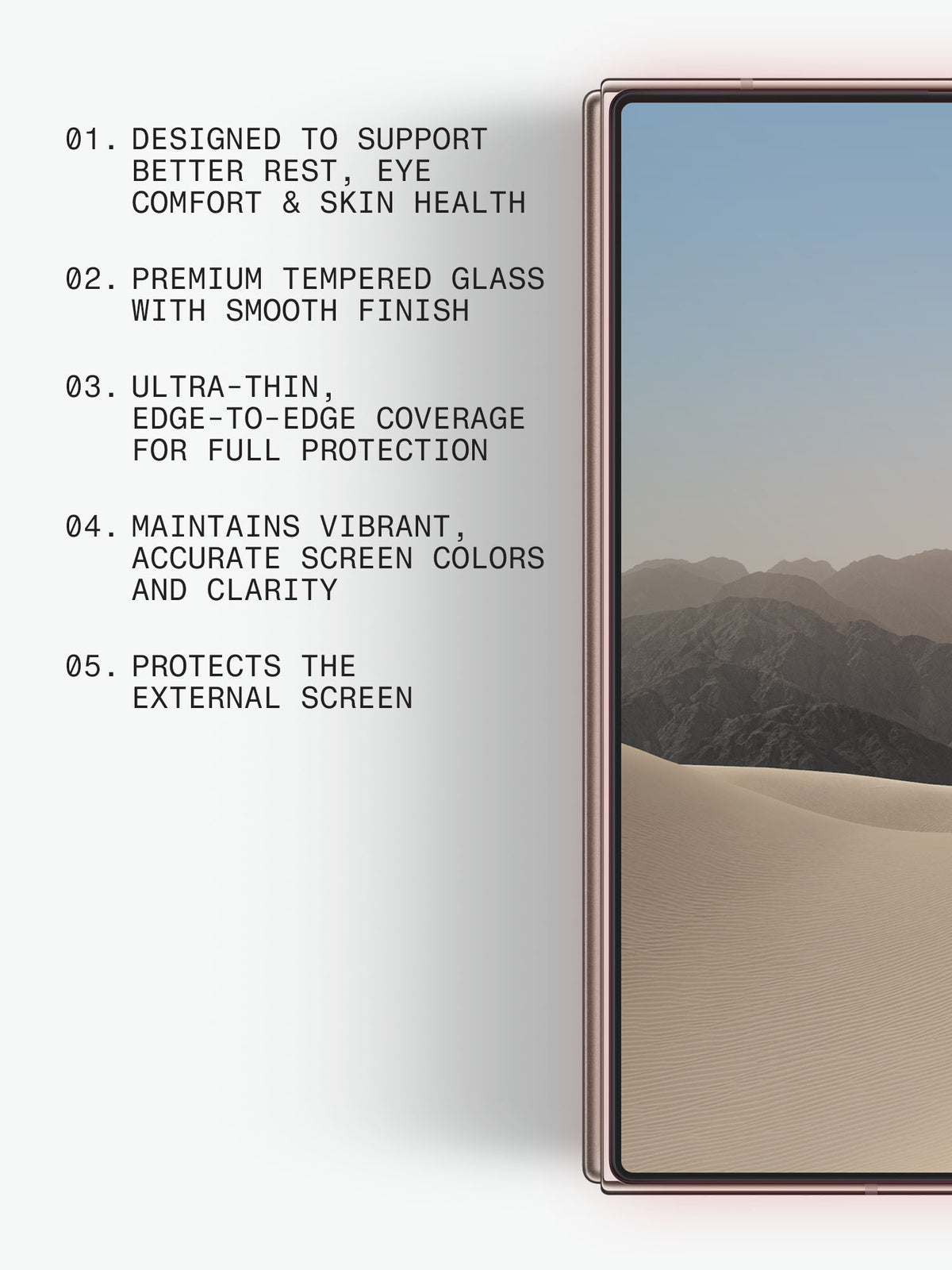 A close-up of BodyGuardz Red Light Converter screen protector  with a pinkish metallic frame and a screen showing a scenic wallpaper, next to five bullet-point text callouts about screen health and tempered glass protection on a white background.