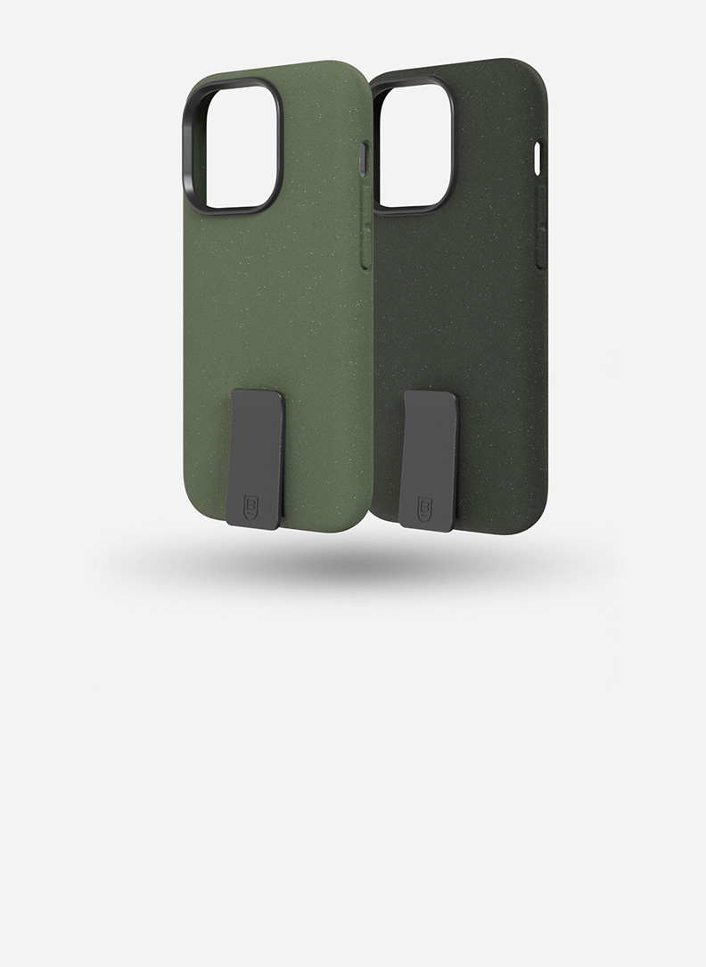 Green and black Motus phone cases.